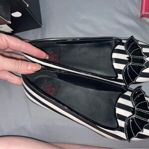 STRANGE CVLT Black and White Striped Women's Loafers,with Bat